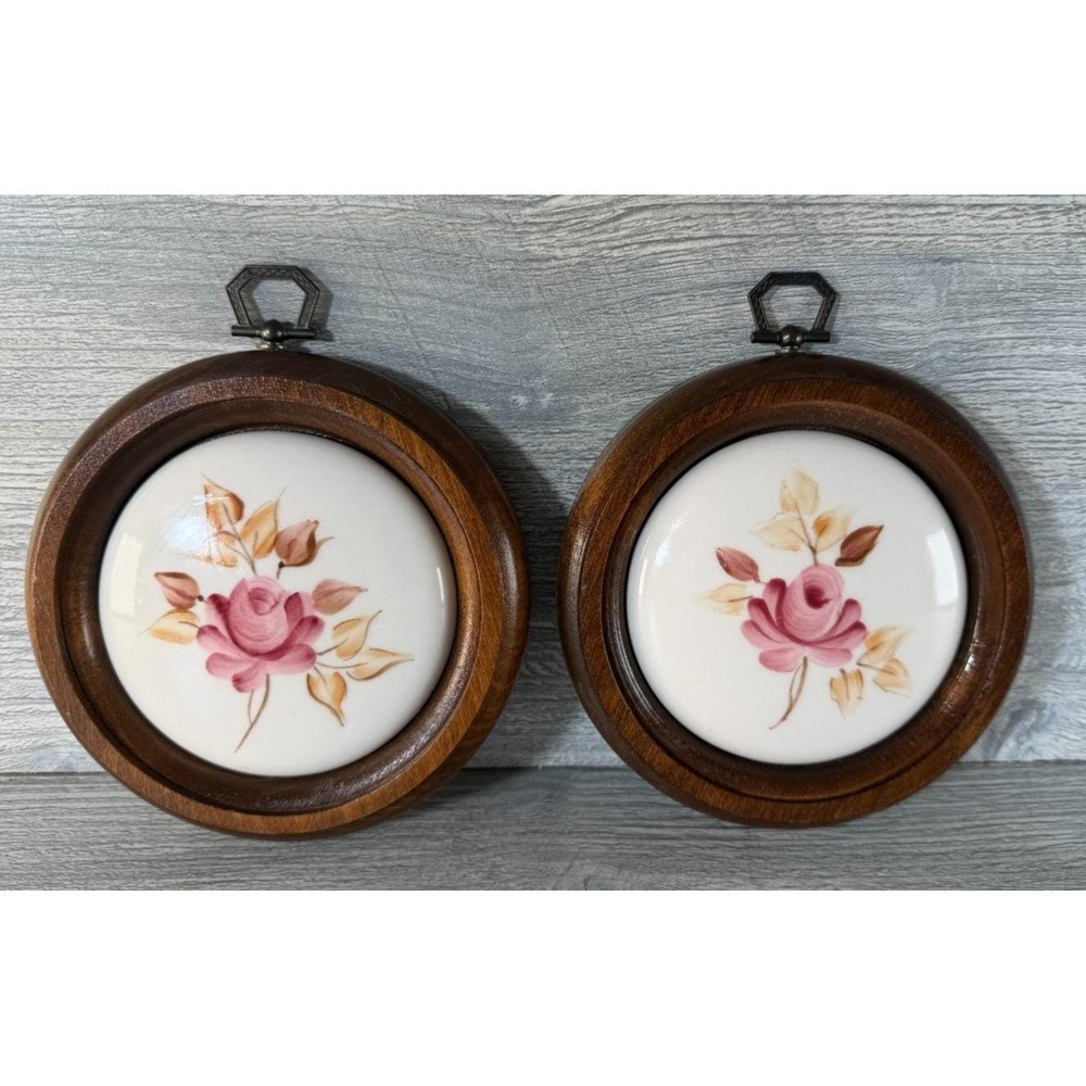 Vtg Decorative Porcelain Rose Flower Wall Plaques Wood Frames Set Hand Painted